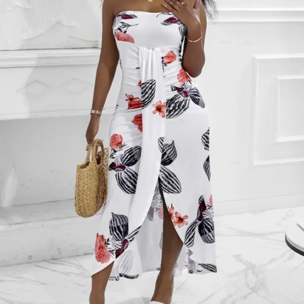 Floral Bandeau Casual Slit Dress